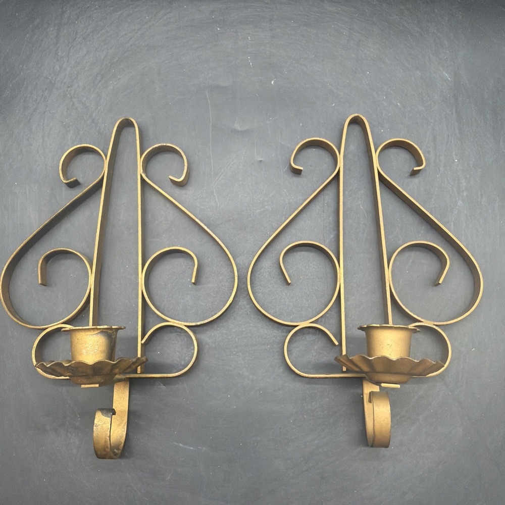 2 Vtg MCM Gold Tone Metal Wall Candle Holders Flower Sconce Retro Home Interior